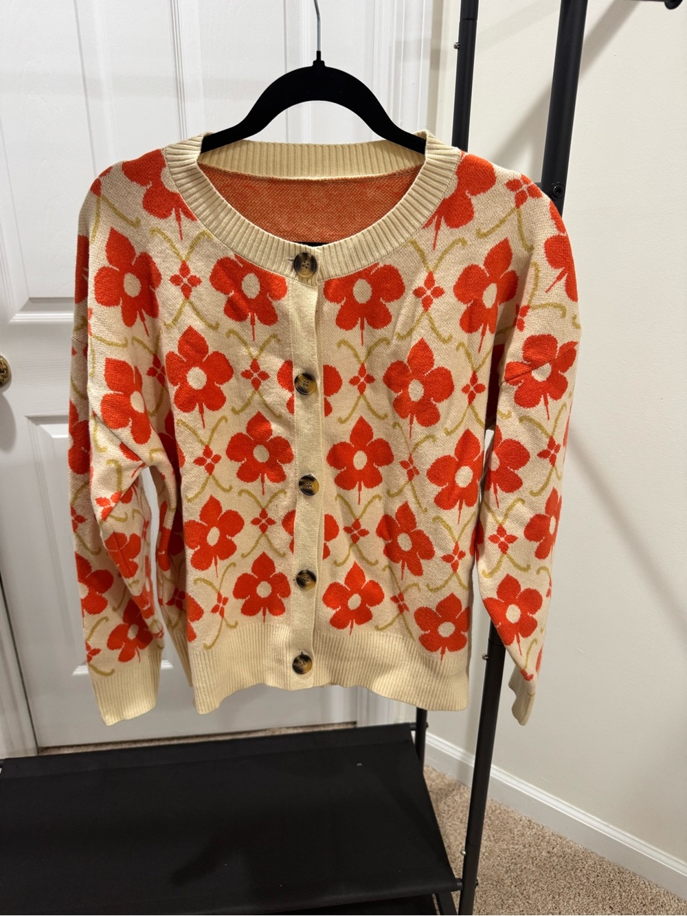 Amazon Cream Cardigan with Orange Floral Jacquard